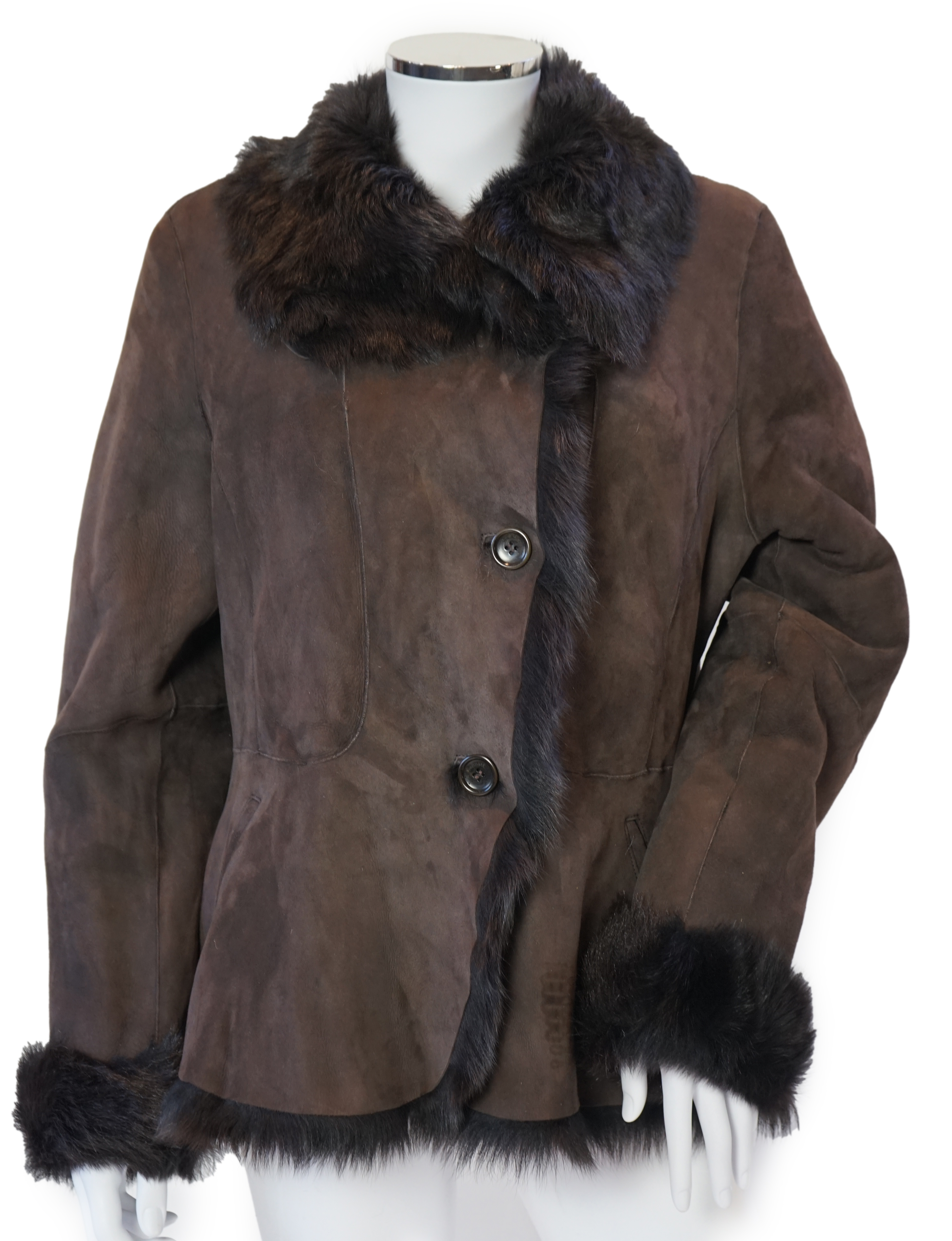 A lady's L K Bennett brown shearling jacket, size Large